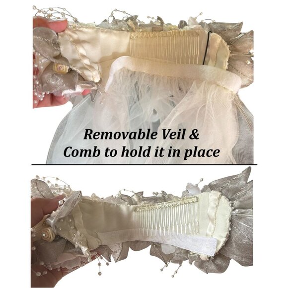 Vintage Watters and Watters Bridal Dress and Veil Set Size 12 Off Shoulder Silk - Picture 6 of 16